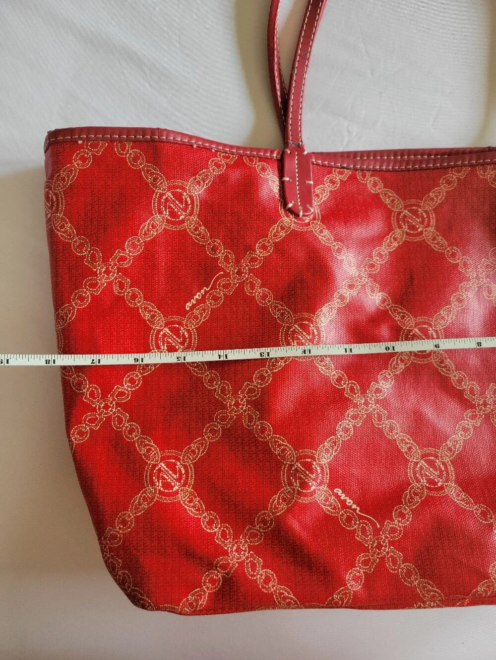 VTG Avon Red Canvas Chain Link Tote Bag & Matching Pouch Set